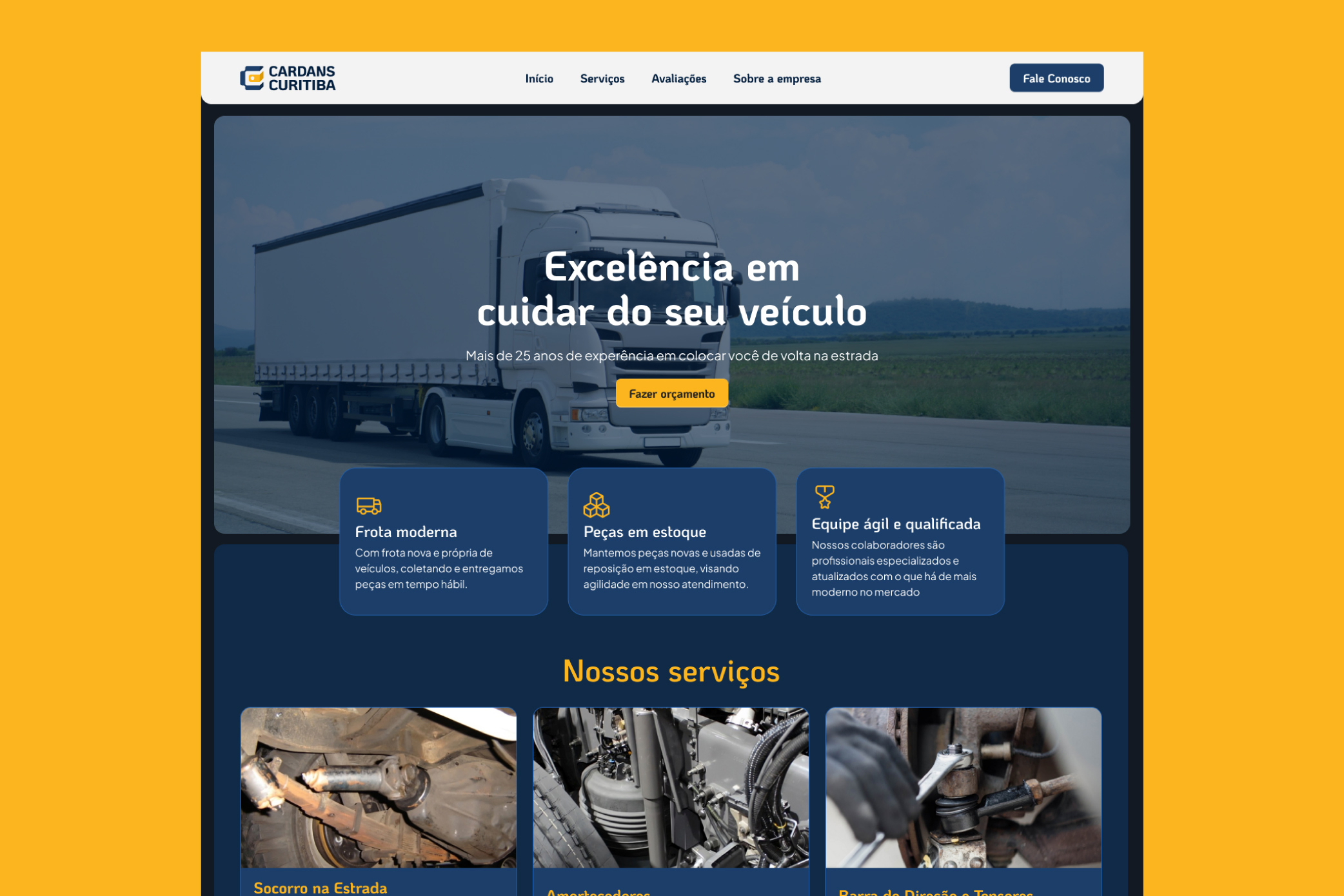 Homepage of the 'Cardans Curitiba' website, with a dark blue and yellow color scheme.