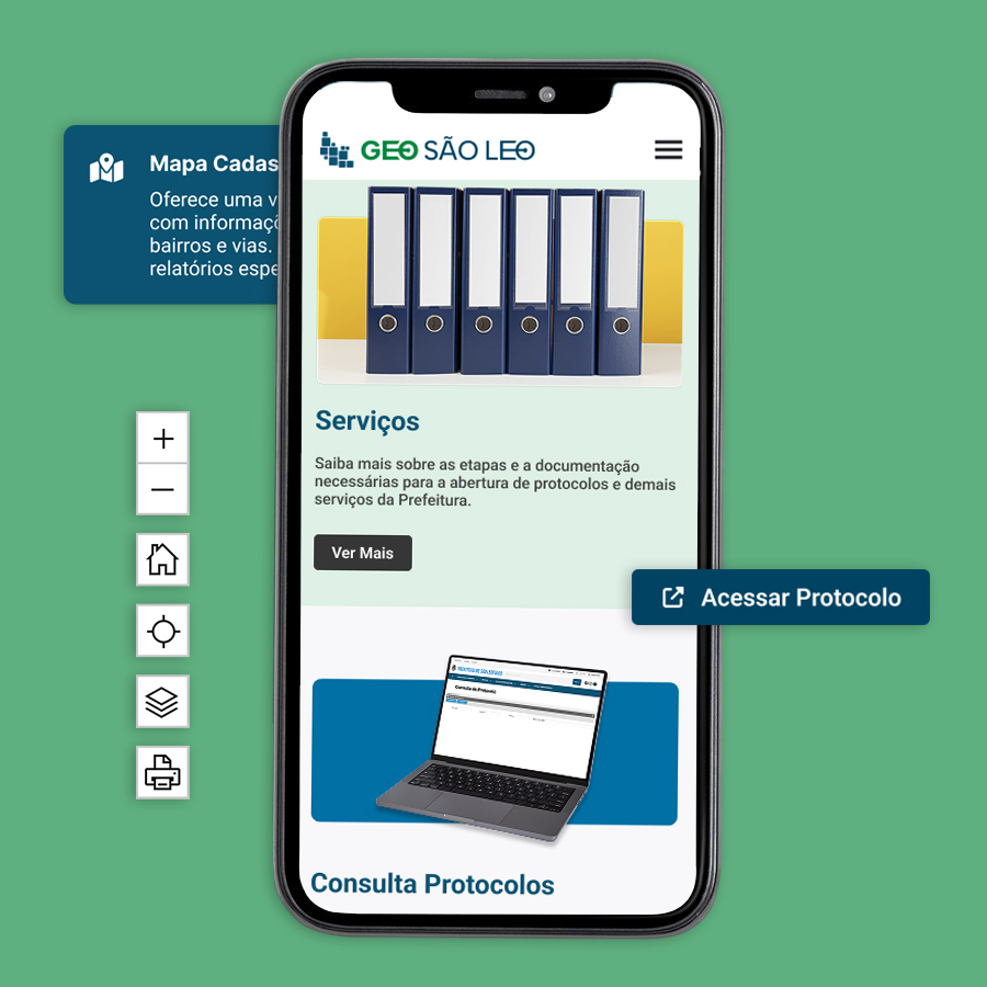 Mobile app screen with a white header and the 'Geo Sao Leo' logo, showing two sections with online services.