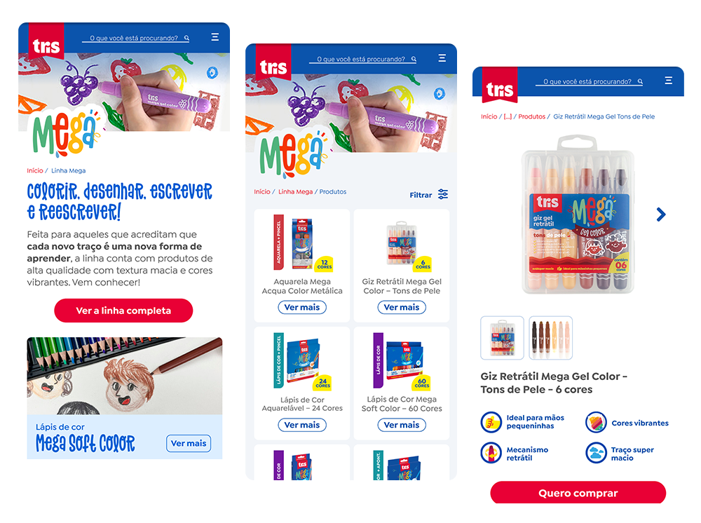Three mobile screens from the Tris website regarding the Mega sub-brand. The first screen (left) shows the Mega homepage, with the title 'Color, Draw, Write, and Rewrite! and a red 'View the full line' button. Below, there is a preview of the 'Mega Soft Color Pencils' line. The second screen (center) displays the list of products within the Mega sub-brand organized in a grid. The third screen (right) displays the specific product page for the 'Mega Retractable Gel Crayon – Skin Tones', showing an image of the kit and highlighting its features.